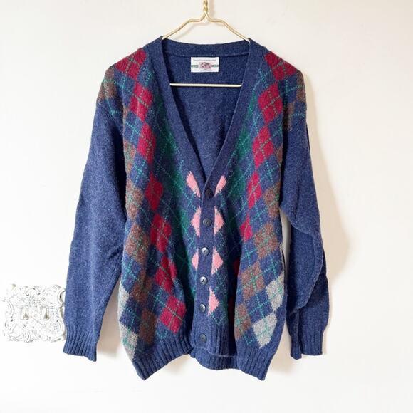 United Colors Of Benetton Sweaters - Vintage 80s United Colors of Benetton Wool Argyle Grandpa Cardigan Sweater M